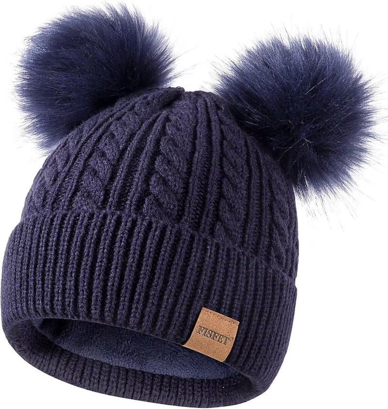 FISFET Beanies Women with Double Pom Pom, Winter Hats for Women Cold Weather Warm Knit Fleece Lined, Cute Beanie Cap - Image 1